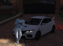 a man in a blue jacket stands next to a white car in a video game scene