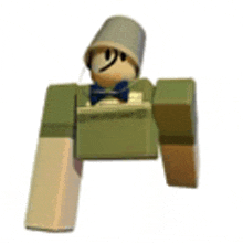 a toy soldier with a bow tie and a helmet on his head .