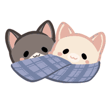 two cartoon cats wrapped in a blue plaid scarf