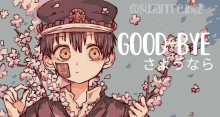 a drawing of a boy with flowers and the words good bye in white letters