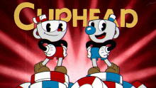 two cuphead characters standing on top of a pile of coins