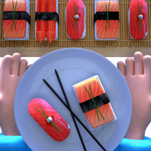 a plate of sushi with chopsticks and a person 's hands