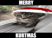 a kitten wearing a santa hat with the words merry kurtmas on the bottom