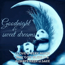 a goodnight and sweet dreams message with two pandas on a crescent moon .