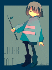 a drawing of a girl holding a stick with the words under tale on the bottom