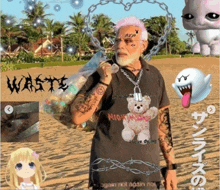 a man with a teddy bear on his shirt has the word waste written on the bottom