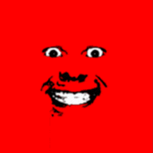 a red background with a black and white face