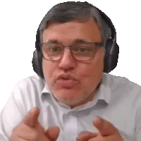 a man wearing headphones and glasses is pointing