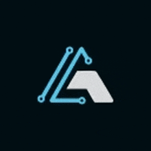 a blue and white logo with the letter a on a dark background .