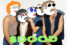 a group of cartoon characters standing next to each other with the word sdood written in green