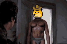 a shirtless man with a doge face on his head