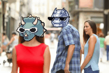 a man and a woman are walking down a street with a pixelated face on the man 's face