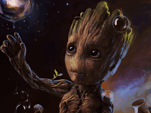 a painting of a baby groot reaching for a bubble