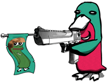 a cartoon drawing of a duck holding a gun next to a banner with a frog on it