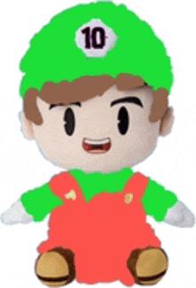 a stuffed toy of a boy wearing a green hat and overalls .