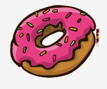 a donut with pink frosting and sprinkles on a white background