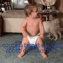 a baby in a diaper is dancing in front of a cat and the words target upon it