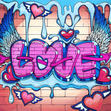 graffiti on a wall that says love with hearts and wings