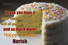 a birthday card for harish with a cake and a slice missing