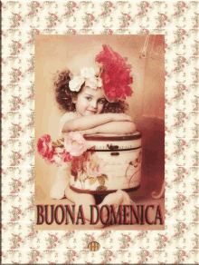 a picture of a little girl sitting on a suitcase with the words buona domenica above her