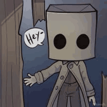 a cartoon of a person with a box on their head and a speech bubble that says hey .