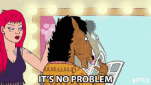 a cartoon of a horse reading a newspaper with the words " it 's no problem "