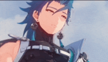 a close up of a person 's face with blue hair and a sword .