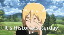 a cartoon of a girl with the words it 's historia saturday below her