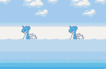 a pixel art of two pokemon swimming in the water with clouds in the background