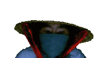 a person wearing a straw hat and covering their face with a scarf