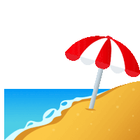 a red and white beach umbrella is sitting on the sand near the ocean