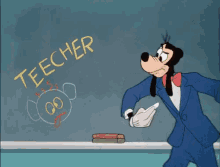 a cartoon character is writing the word teacher on a blackboard