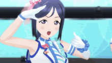 a girl with blue hair and white gloves is giving a thumbs up