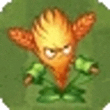 a cartoon character with orange hair and green leaves is sitting on a green field .