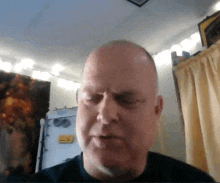 a man with a bald head looks at the camera in front of a painting