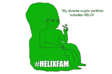 a cartoon of a man sitting in a chair with the words " my diverse crypto portfolio includes helix " below him