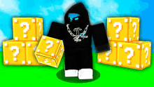 a person in a black hoodie holding a yellow box with a question mark on it