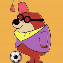 a cartoon bear wearing glasses and a bucket hat is next to a soccer ball .