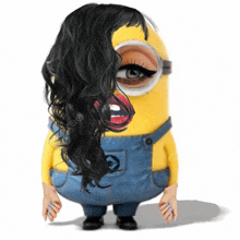 a yellow minion with a woman 's face and long black hair