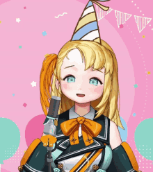 a girl with a party hat on holds a microphone