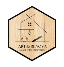 a logo for art & renova shows a house with stairs