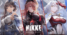 three anime girls are standing next to each other and the word nikke is on the bottom