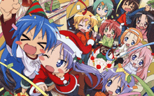 a group of anime girls are celebrating christmas with a cake that says merry christmas on it