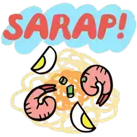 a cartoon drawing of shrimp and noodles with the word sarap written above it