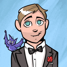 a cartoon drawing of a man in a tuxedo with a purple bat on his shoulder