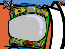 a cartoon drawing of a television with the words load quit and save