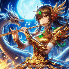 a girl is playing a flute with a dragon behind her and the words slot gacor on the bottom right