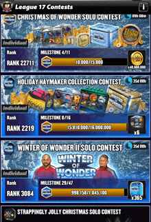 a screenshot of the league 17 contests including the christmas of wonder solo contest