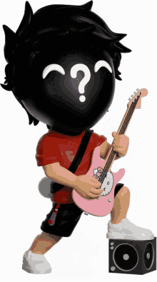 a figurine of a person playing a guitar with a question mark on his face