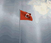 a red flag with the letter c on it is waving in the wind